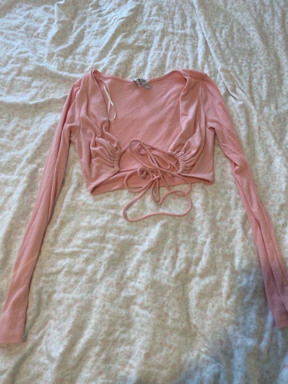 Princess Polly Blush Ribbed Tie-Front Long Sleeve Crop Top